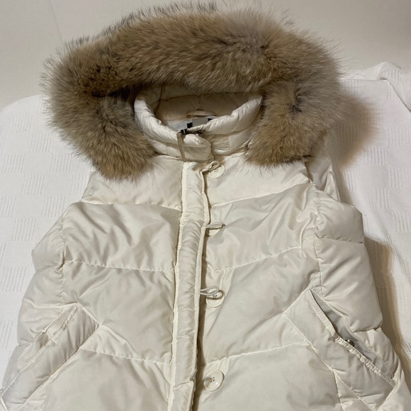 J CREW SIZE L DOWN PUFFER VEST CREAM IVORY WHITE WITH REAL FUR HOOD - Picture 9 of 12